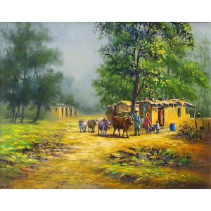 Hanif Shahzad, Village Life I, 21 x 28 Inch, Oil on Canvas, Cityscape Painting, AC-HNS-064
